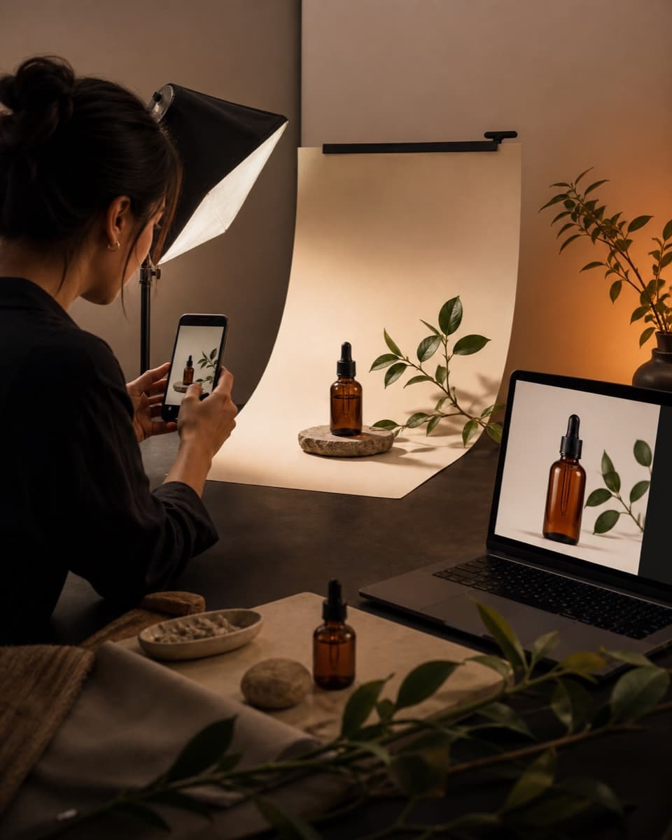 Amber serum şişesinin telefon fotoğrafını eksiksiz ürün görsel setine dönüştüren marka sahibi